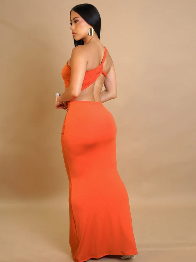 Beyprern Women's Cut-Out Ruched Maxi Dress Fashion Backless Long Straps Fitted Party Club Dresses Female Vestidos Night Clubwear