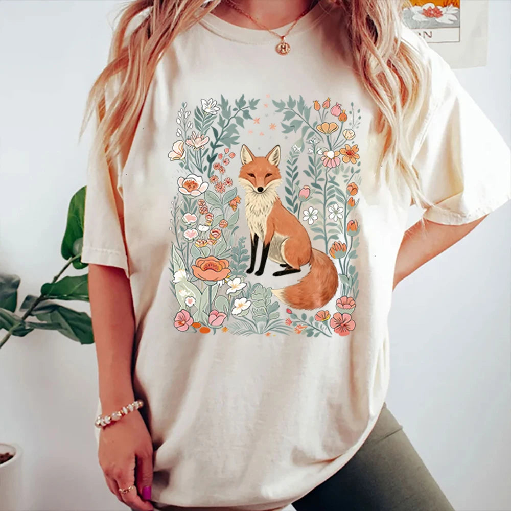 Woodland Lover Gift for Her Cute Flower Fox Shirt Vintage Floral Cottagecore Unisex Tee Funny Apparel Trendy Casual Streetwear