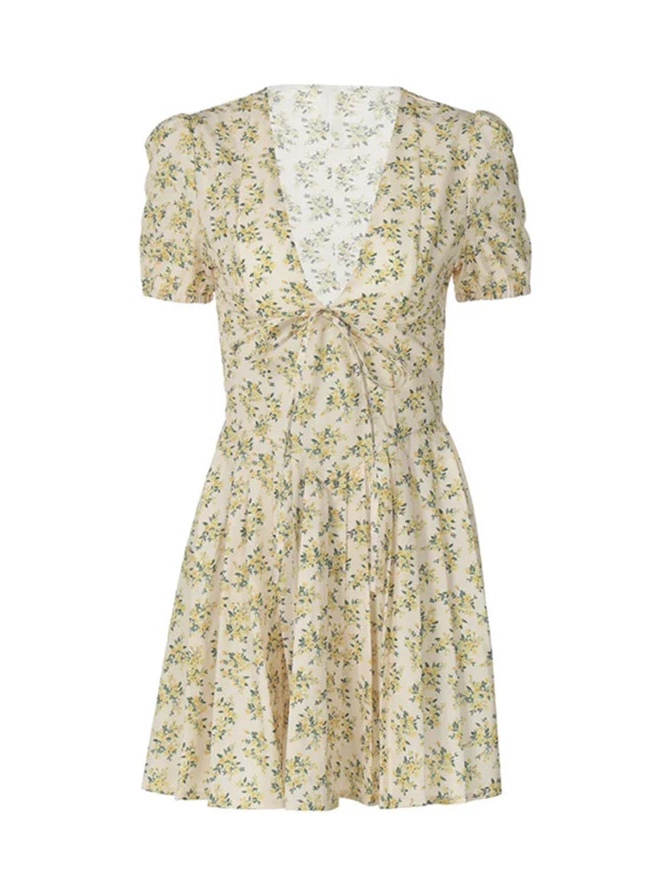 Elegant Print Mini Dress Women Sexy Deep V-neck Short Puff Sleeve Pleated Female Dresses 2024 Summer Chic Lady Beach Party Robe