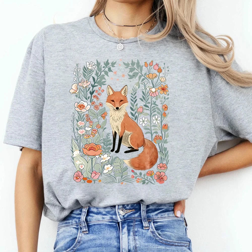 Woodland Lover Gift for Her Cute Flower Fox Shirt Vintage Floral Cottagecore Unisex Tee Funny Apparel Trendy Casual Streetwear