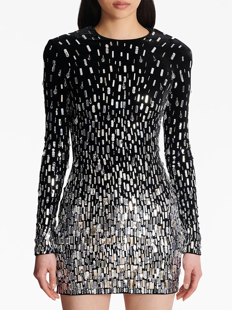 HIGH STREET Newest Fashion 2026 Designer Women's Long Sleeve Luxurious Sequined Crystal Beaded Velvet Mini Dress