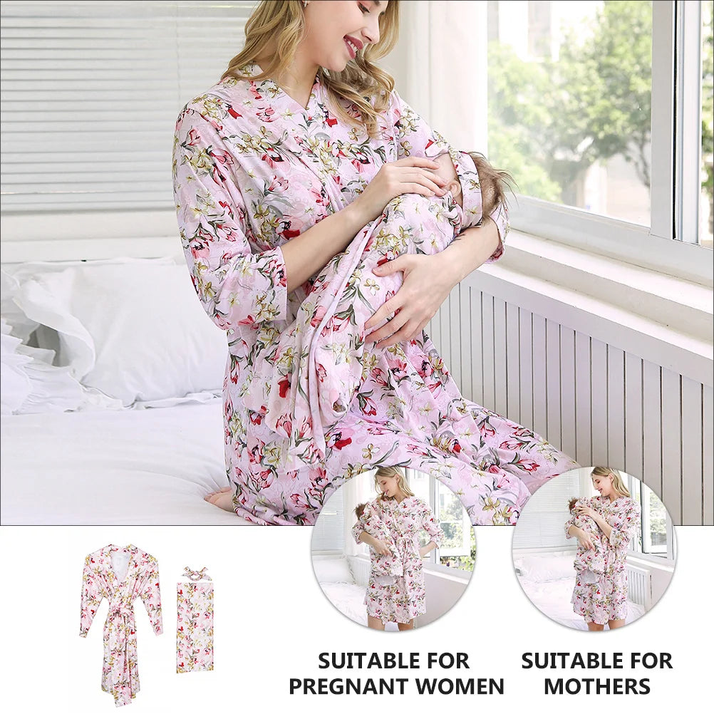 3 Pcs Maternity Parent Child Clothing Pregnancy Sleepwear Cotton Nursing Robe Baby Blanket Headband Set Fashion Print Loose Fit