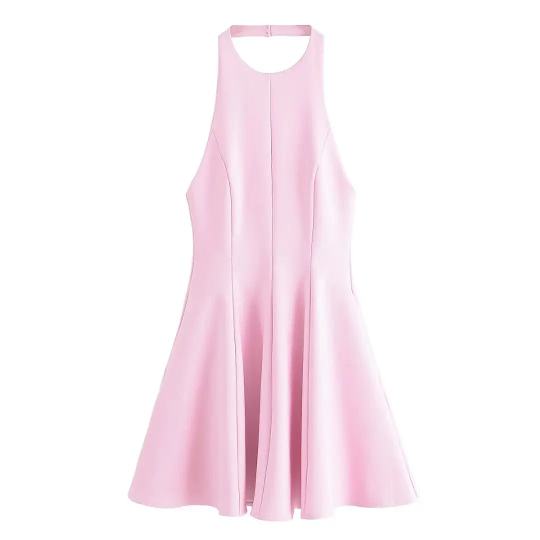 HH Women Summer Fashion Solid Halter Neck Zipper Backless Beach Party Dress Female Chic Sexy Sleeveless Backless Mini Dress
