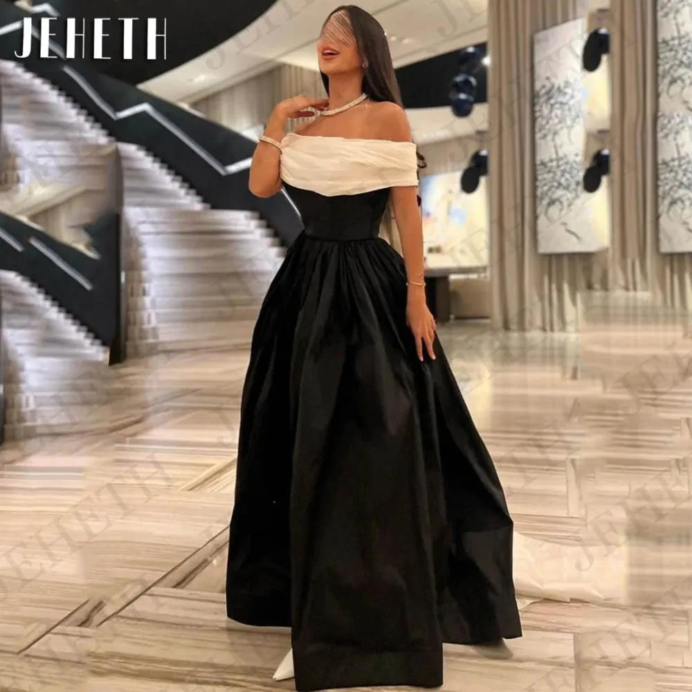 JEHETH Black Evening Dresses Woman Elegant Satin Split Prom Dress Off Shoulder A Line Formal Event Gowns Customized فساتين سهرة