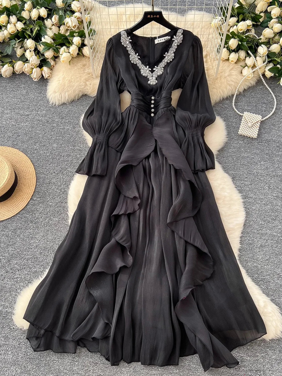 Spring Autumn Women Party Long Dress Elegant Female Red/Purple/Beige/Black Diamonds Patchwork Ruffle A-Line Maxi Vestidos New
