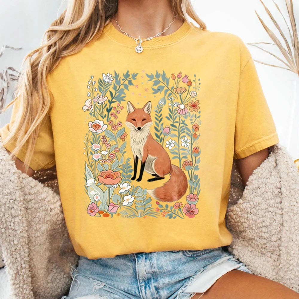 Woodland Lover Gift for Her Cute Flower Fox Shirt Vintage Floral Cottagecore Unisex Tee Funny Apparel Trendy Casual Streetwear
