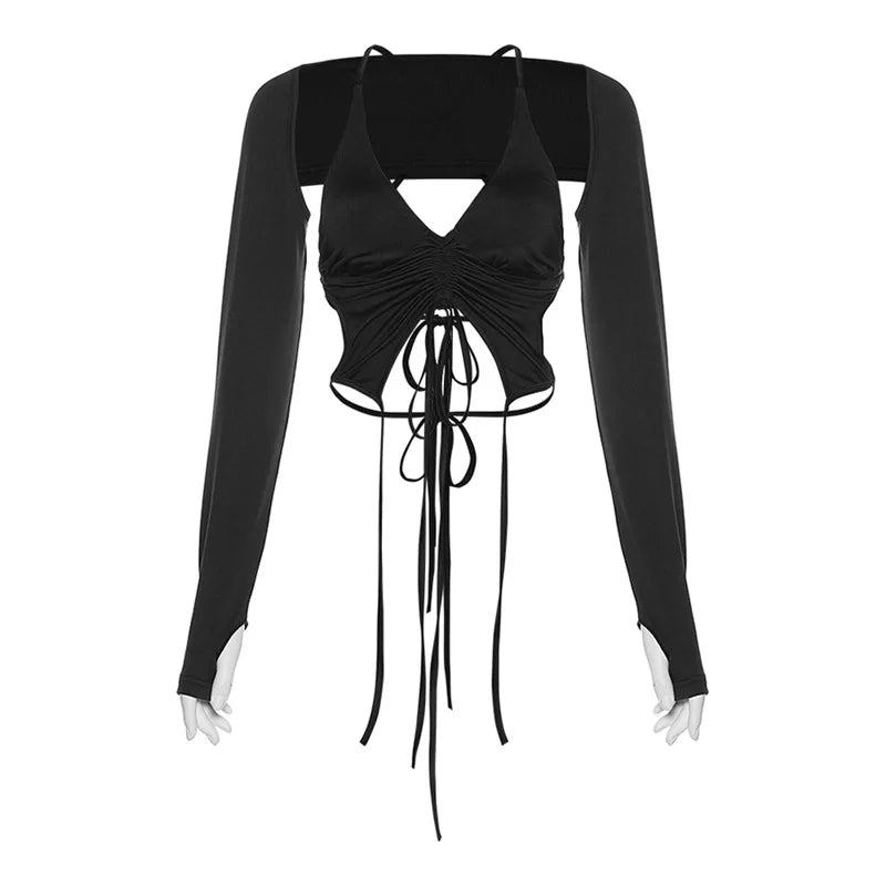 Y2k Streetwear 2 Piece Long Sleeve Halter Crop Top Sexy Trendy Irregular Backless Women T-shirts Aesthetic