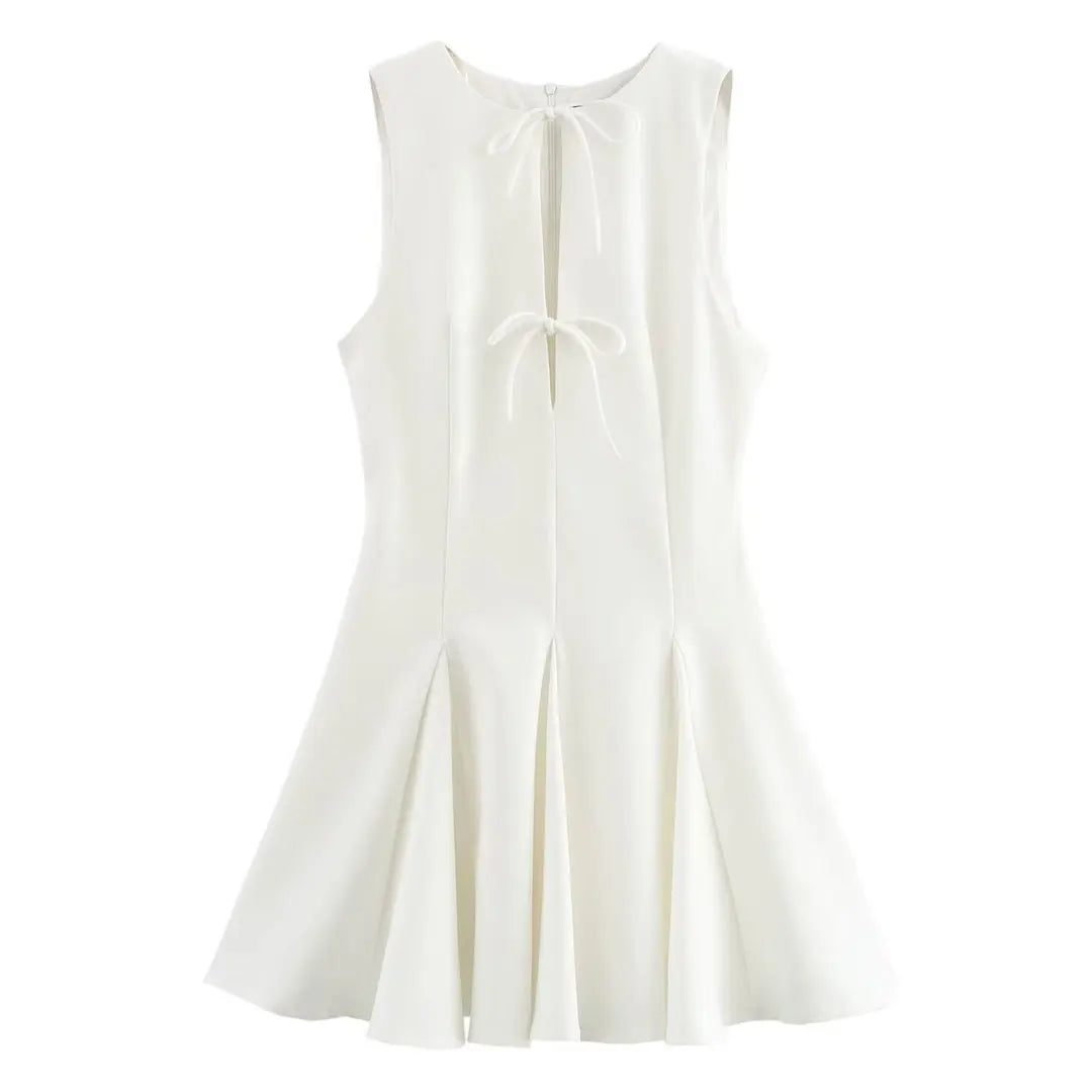 HH Female Elegant Mini Dresses For 2025 Spring Round Neck Wavy Wide Hem Bow Decorated Sleeveless Solid Vintage Trendy Dress