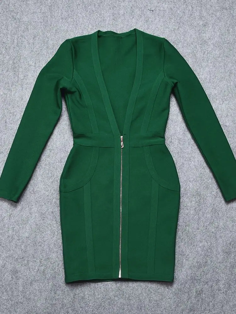 BEAUKEY Long Sleeve Front Zipper Deep V Neck HL Bandage Dress Mini Short Sexy Party Dress Red Dark Green Black Clubwear Maxi XL