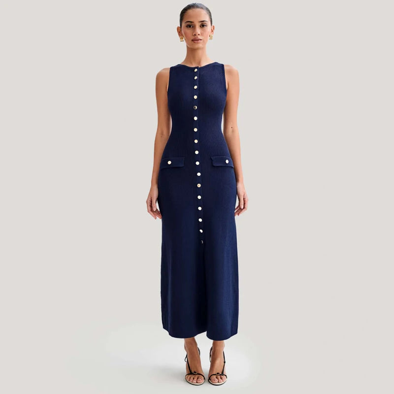 Fashion Knitted Long Dress For Women Elegant Sleeveless Button Maxi Sweater Bodycon Dresses Female Party Fashion Vestidos 2024 N