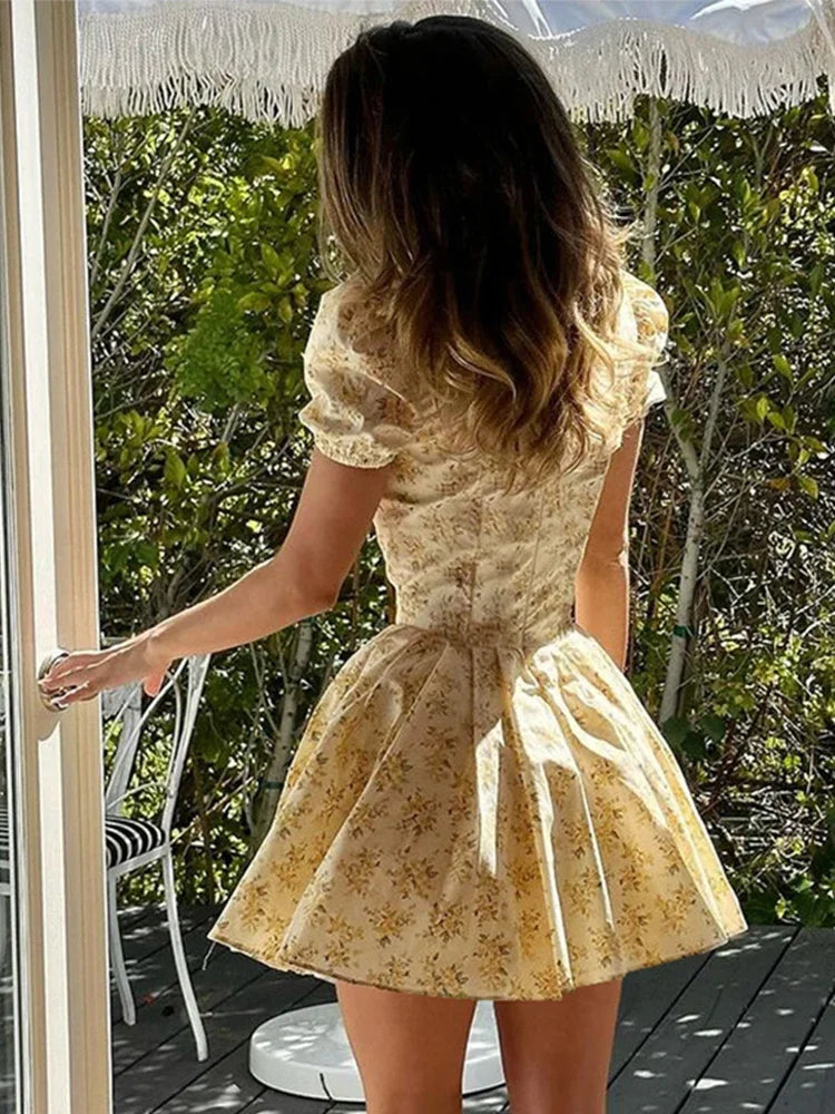 Elegant Print Mini Dress Women Sexy Deep V-neck Short Puff Sleeve Pleated Female Dresses 2024 Summer Chic Lady Beach Party Robe