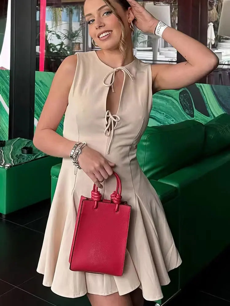 HH Female Elegant Mini Dresses For 2025 Spring Round Neck Wavy Wide Hem Bow Decorated Sleeveless Solid Vintage Trendy Dress