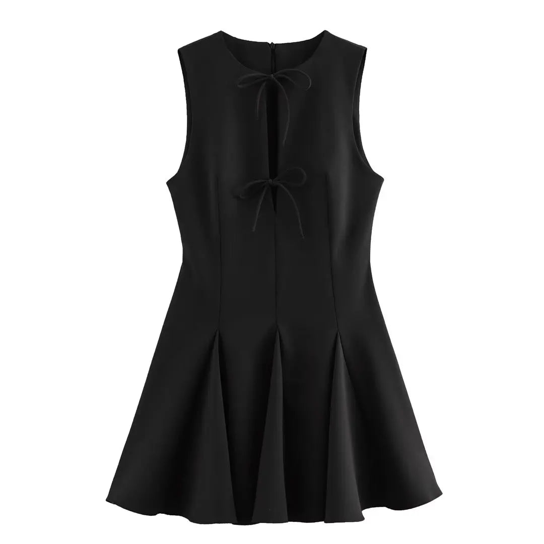 HH Female Elegant Mini Dresses For 2025 Spring Round Neck Wavy Wide Hem Bow Decorated Sleeveless Solid Vintage Trendy Dress