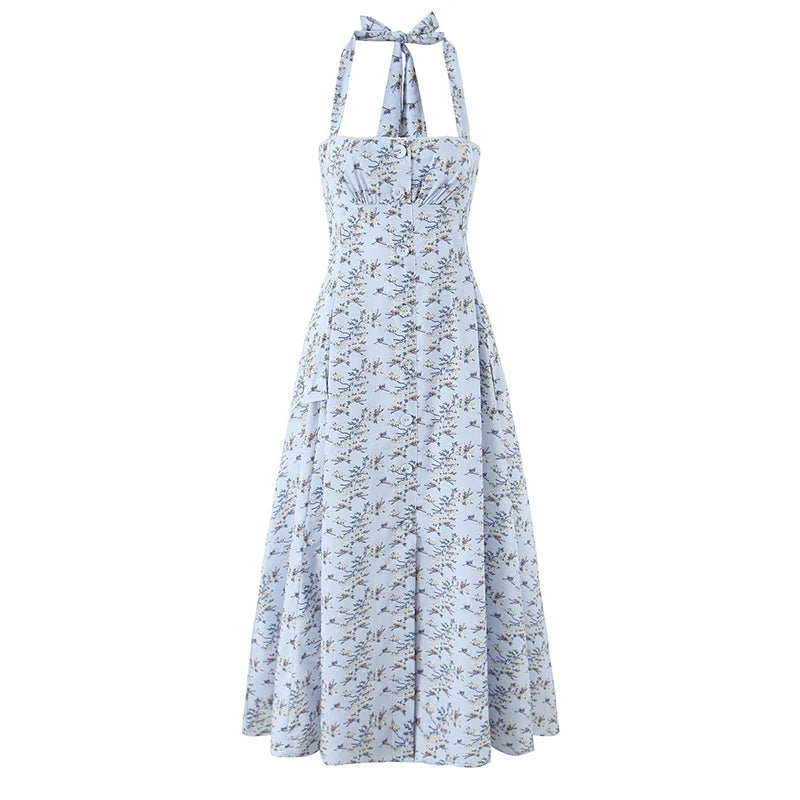 YENKYE Elegant Halter A-line Midi Long Floral Print Dress Women Cotton Holiday Summer Sexy Backless Dresses Party Robe 2025