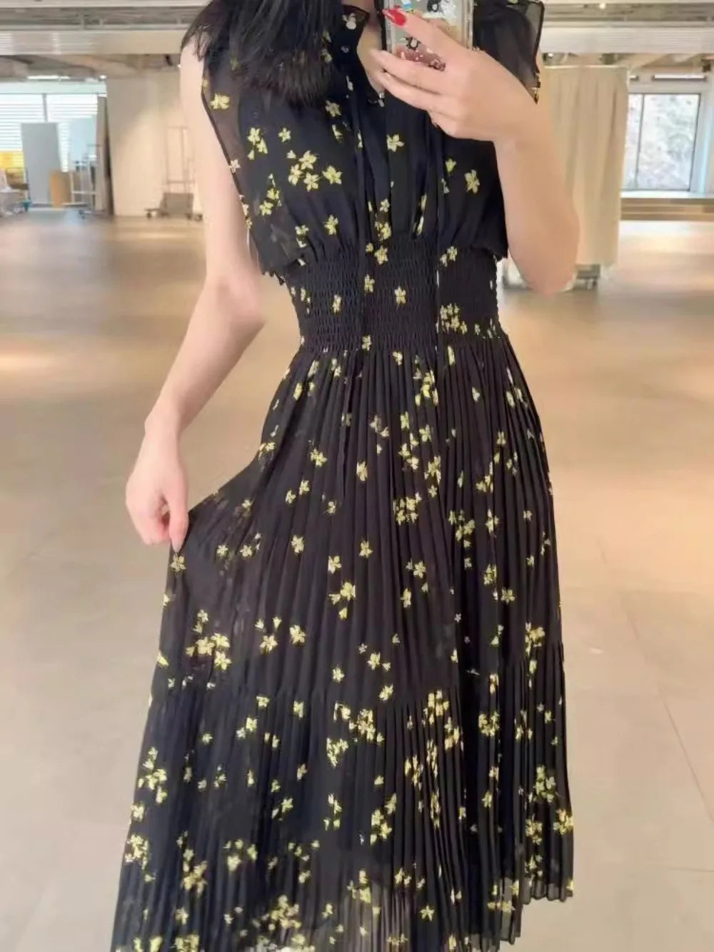 Kuzuwata Cute Stand Collar High Waist Print Mujer Flying Sleeve Lace Up Pleated Ruched Dress Japan Slim Waist Elegant Femme Robe