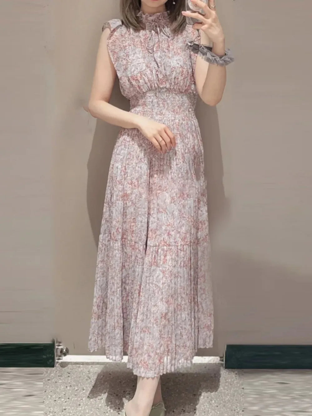 Kuzuwata Cute Stand Collar High Waist Print Mujer Flying Sleeve Lace Up Pleated Ruched Dress Japan Slim Waist Elegant Femme Robe