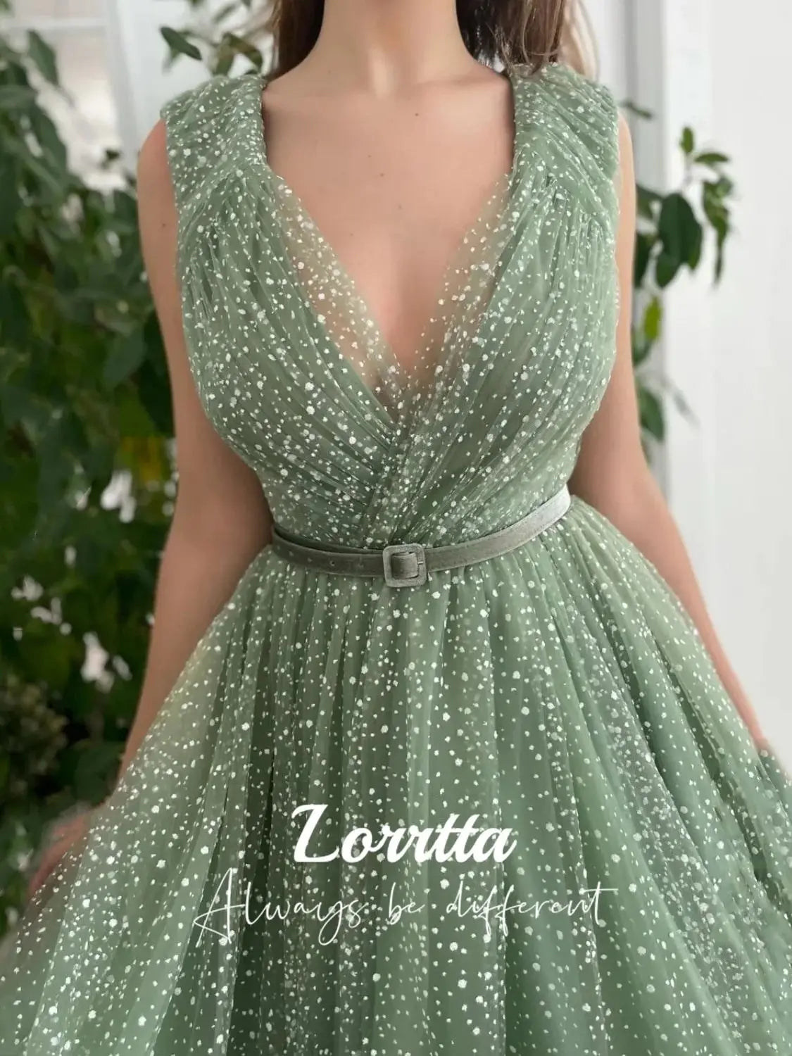 Lorrtta  Green Formal Prom Dresses Dot V-Neck A-Line Cap Sleeves Belt Evening Dress Dubia Occasional Party Gowns Customized