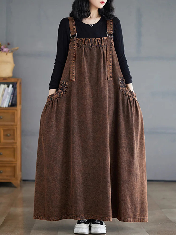 SHENGPALAE Denim Dress Women Square Collar Sleeveless Spliced Pockets Vintage Style New 2024 Fashion Female Long Dresses 5C1730