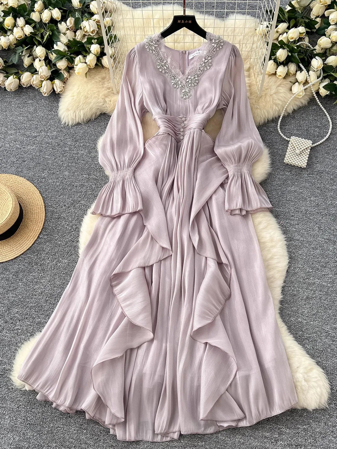 Spring Autumn Women Party Long Dress Elegant Female Red/Purple/Beige/Black Diamonds Patchwork Ruffle A-Line Maxi Vestidos New