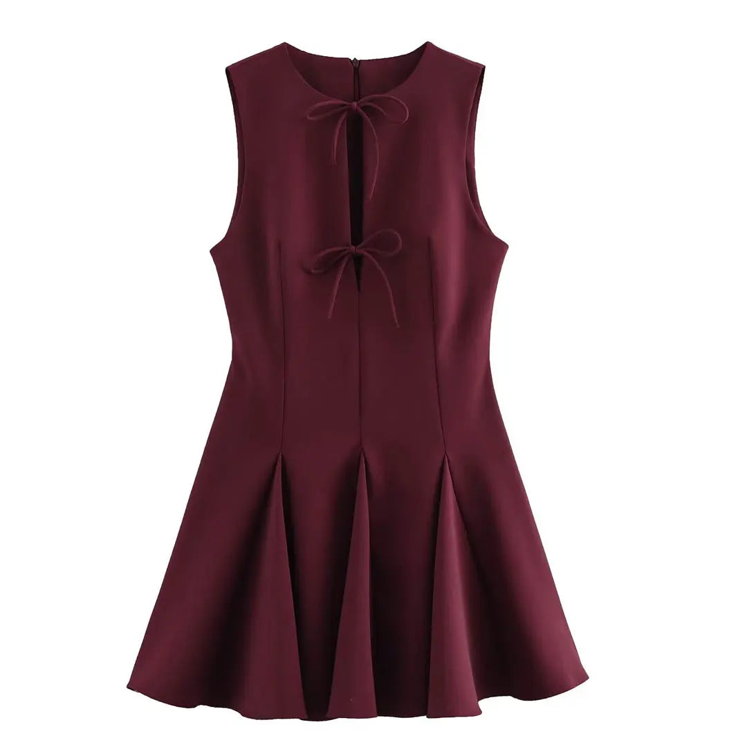 HH Female Elegant Mini Dresses For 2025 Spring Round Neck Wavy Wide Hem Bow Decorated Sleeveless Solid Vintage Trendy Dress