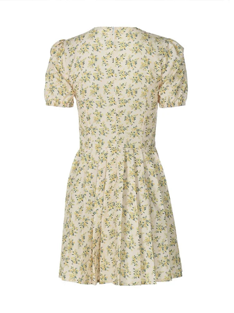 Elegant Print Mini Dress Women Sexy Deep V-neck Short Puff Sleeve Pleated Female Dresses 2024 Summer Chic Lady Beach Party Robe