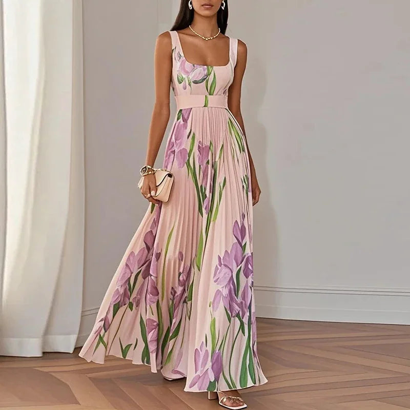 Summer Square Collar Floral Print Fold Dress Womens Sexy High Waist Sling Long Dresses Summer Off Shoulder Hollow Boho Dresses