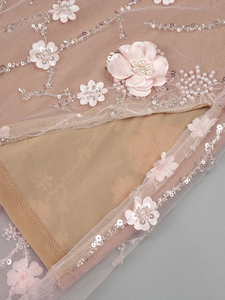 VC Pink Beaded Spaghetti Strap Long Dress Pearls Sequins Structured Flowers High Split Sheer Mesh Trendy Celebrity Party vestido