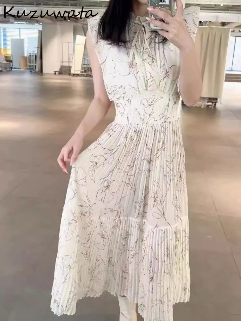 Kuzuwata Cute Stand Collar High Waist Print Mujer Flying Sleeve Lace Up Pleated Ruched Dress Japan Slim Waist Elegant Femme Robe