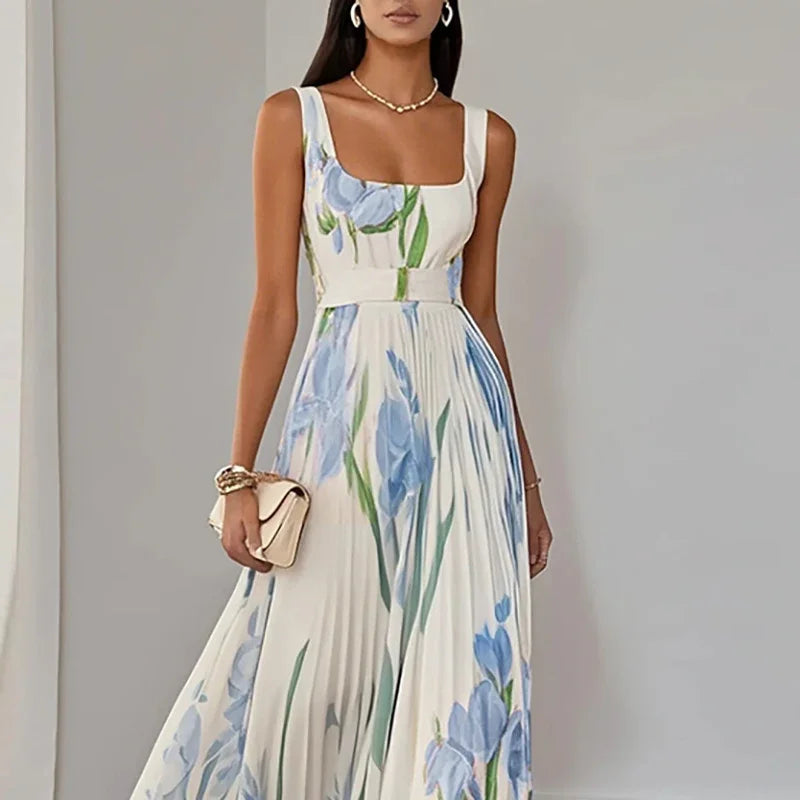 Summer Square Collar Floral Print Fold Dress Womens Sexy High Waist Sling Long Dresses Summer Off Shoulder Hollow Boho Dresses