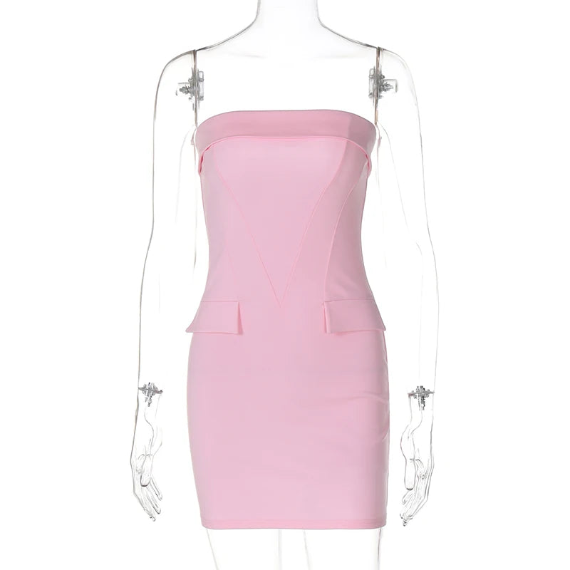 DGLUKE Strapless Bodycon Mini Dress Women Fashion Slash Neck Backless Pink Birthday Dress For Women Elegant Sexy Summer Dress