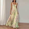Summer Square Collar Floral Print Fold Dress Womens Sexy High Waist Sling Long Dresses Summer Off Shoulder Hollow Boho Dresses