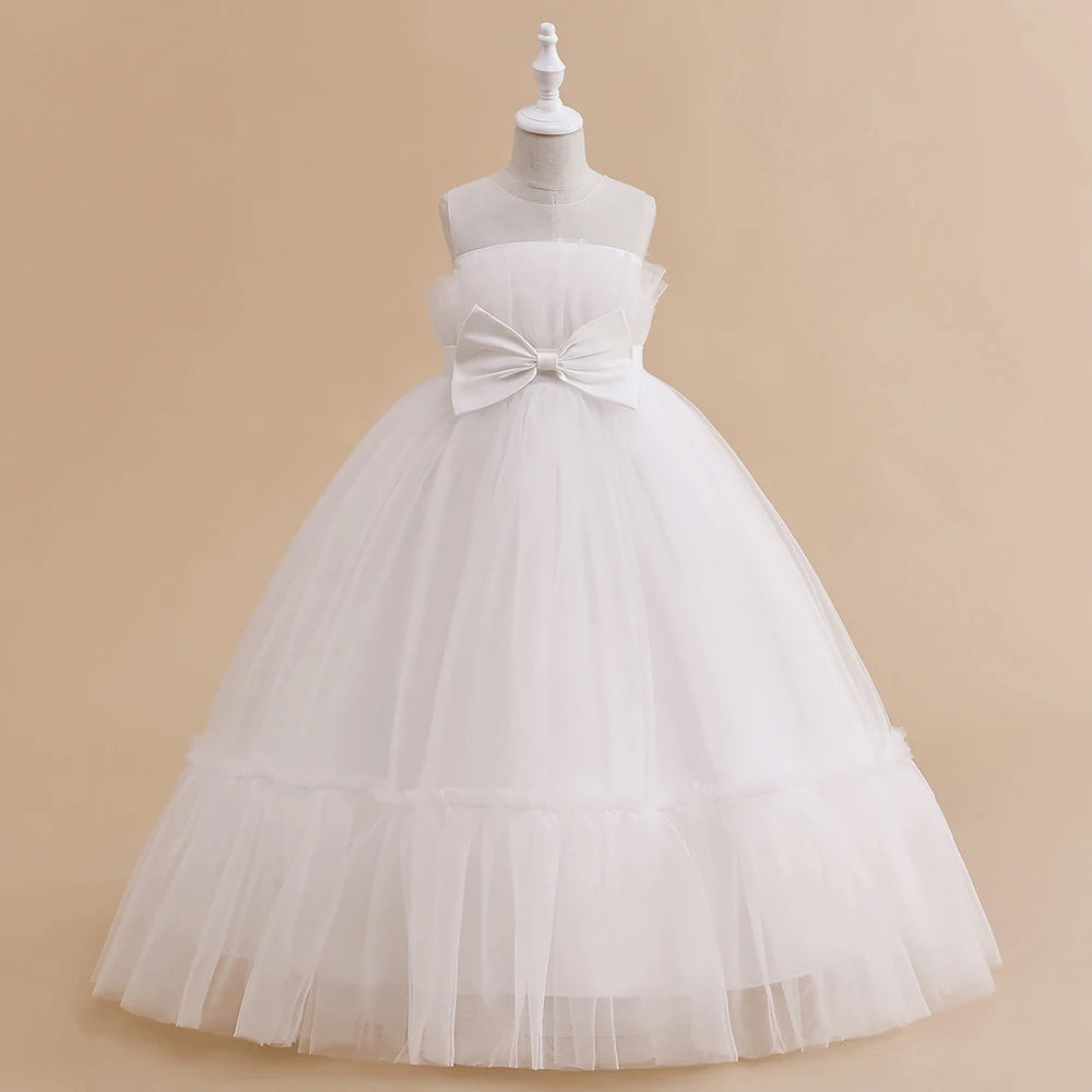 Fluffy White Girls Bridemaid Dress Christmas Bow Tulle Wedding Princess Kids Party Dresses for Girl Pageant First Communion Gown