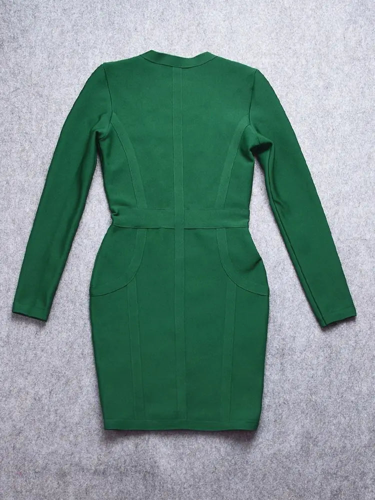 BEAUKEY Long Sleeve Front Zipper Deep V Neck HL Bandage Dress Mini Short Sexy Party Dress Red Dark Green Black Clubwear Maxi XL