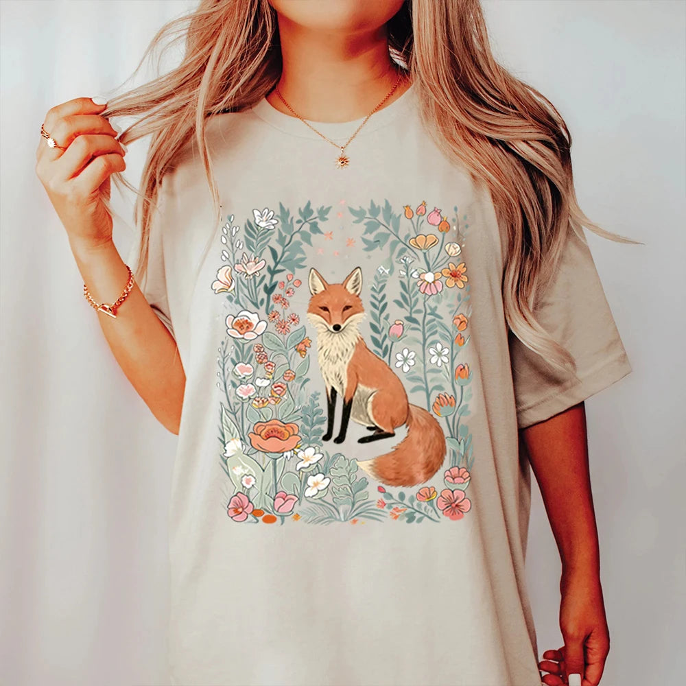 Woodland Lover Gift for Her Cute Flower Fox Shirt Vintage Floral Cottagecore Unisex Tee Funny Apparel Trendy Casual Streetwear