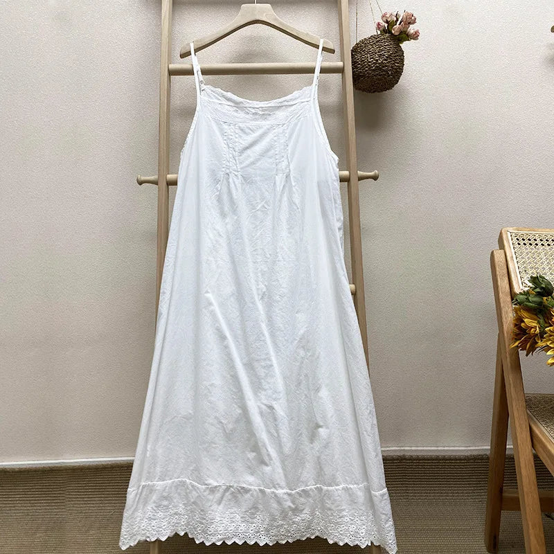 Johnature 2024 Summer New Japanese Casual Spaghetti Strap Thin All Match Dress For Women Solid Color Cotton Female Dresses