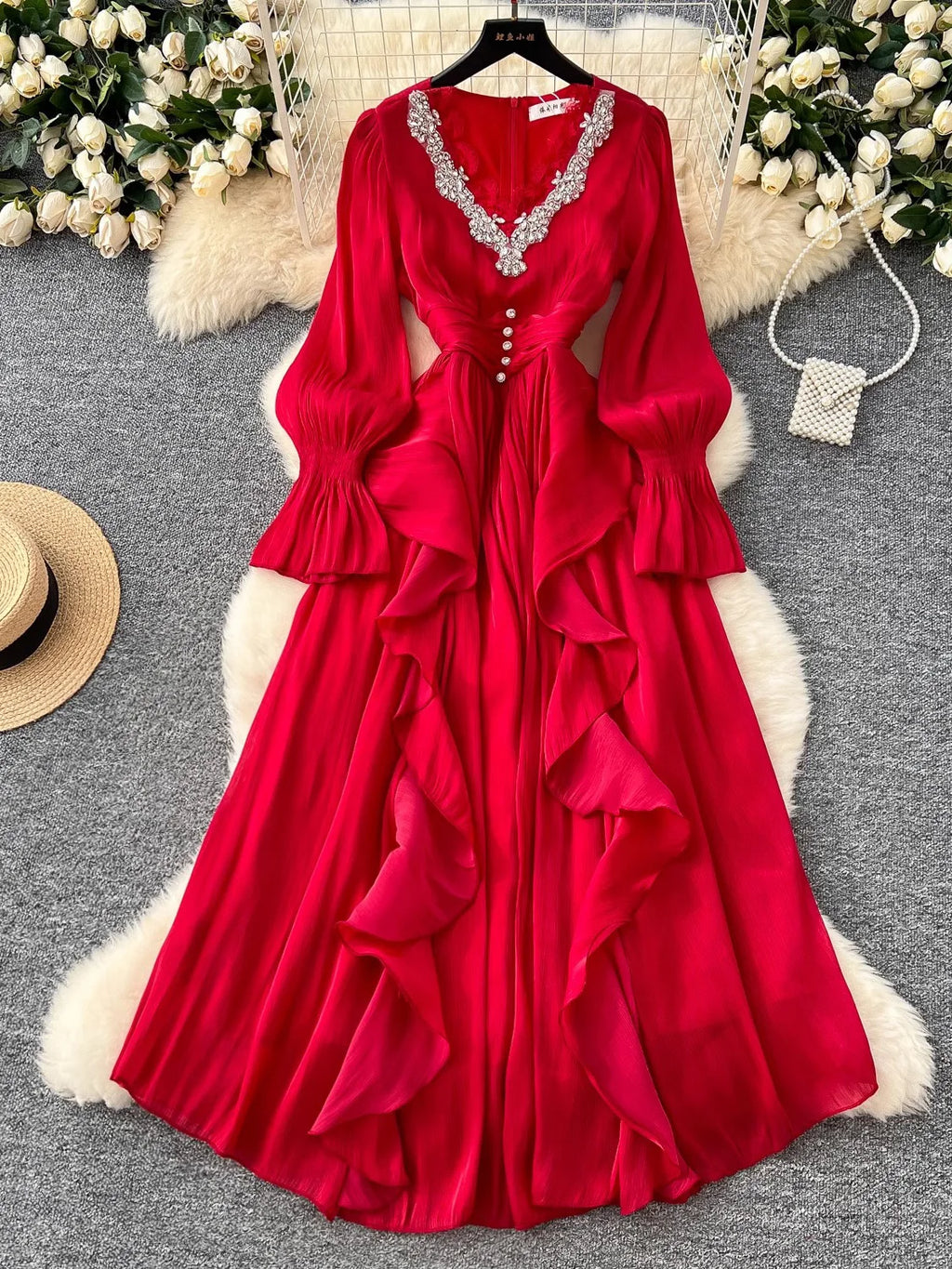 Spring Autumn Women Party Long Dress Elegant Female Red/Purple/Beige/Black Diamonds Patchwork Ruffle A-Line Maxi Vestidos New