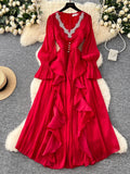 Spring Autumn Women Party Long Dress Elegant Female Red/Purple/Beige/Black Diamonds Patchwork Ruffle A-Line Maxi Vestidos New