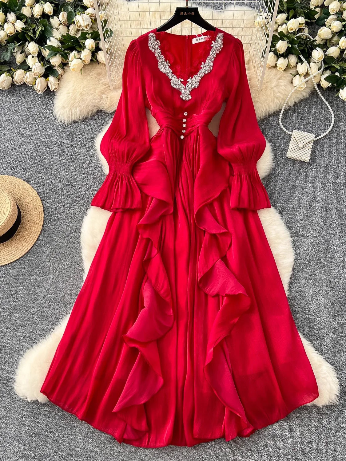 Spring Autumn Women Party Long Dress Elegant Female Red/Purple/Beige/Black Diamonds Patchwork Ruffle A-Line Maxi Vestidos New