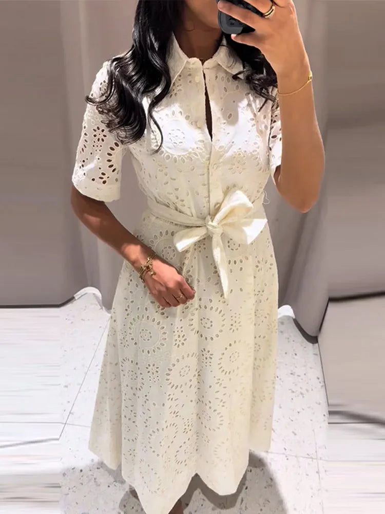 Embroidery Hollow Out Belt Long Dresses Women Vintage Lapel Half Sleeve Single Breasted Slim Dress Elegant Office Lady Partywear