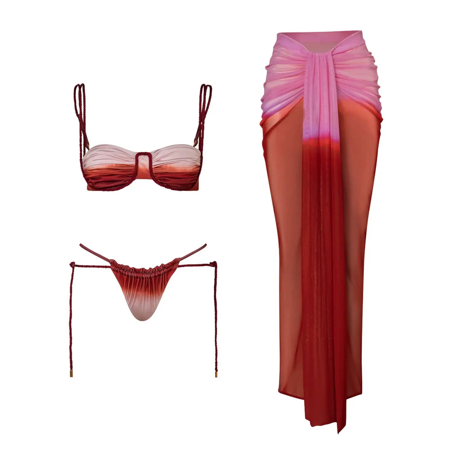 2025 New Gradient 3 Pieces Bikini Sexy Women Swimsuit Swimwear Female Long Dress Cover Up Bikini Set Beachwear Bathing Suit