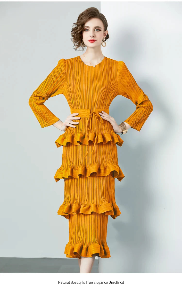Miyake Multi-layer Cascading Pleated Dress Women O Neck Long Sleeve Solid Color Ruffles Cake Belt Dress Female Party Clothing