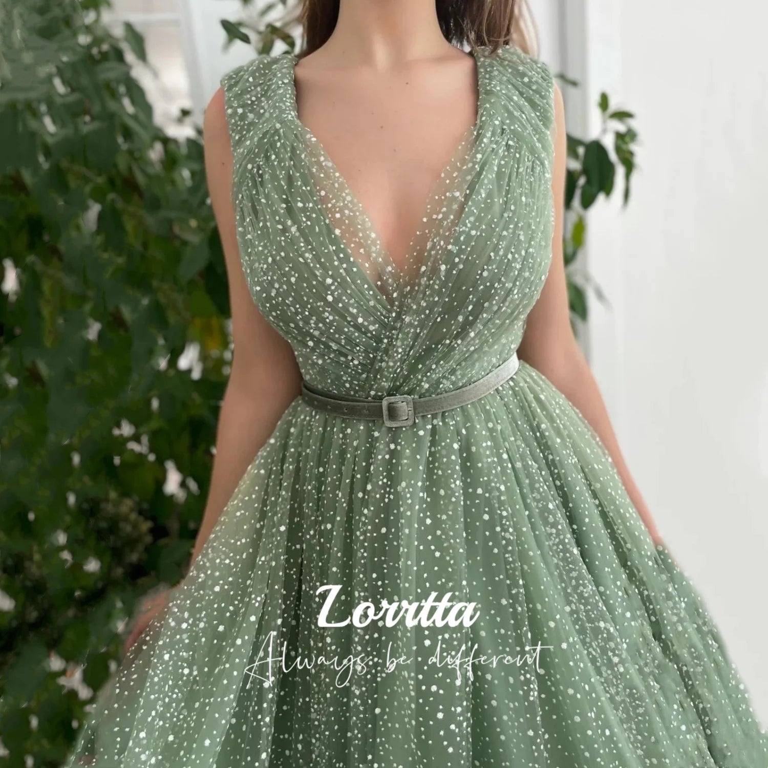 Lorrtta  Green Formal Prom Dresses Dot V-Neck A-Line Cap Sleeves Belt Evening Dress Dubia Occasional Party Gowns Customized