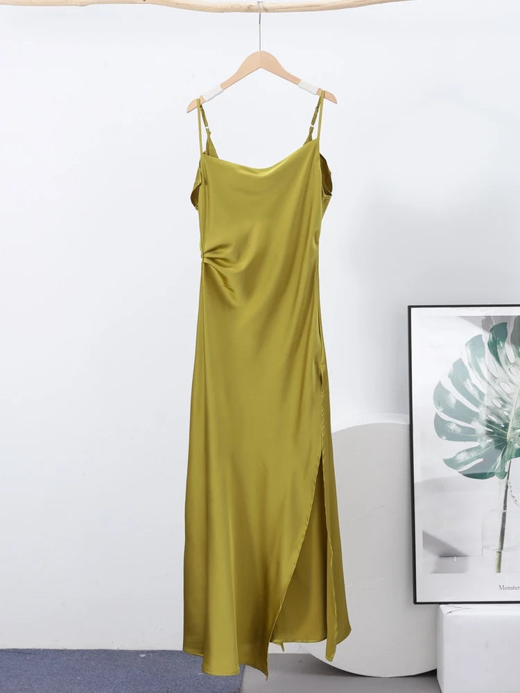 Fashion Satin Ruffles Sling Maxi Dress For Women Elegant Side Split Long Dress 2025 Sexy Backless Sleeveless Club Female Vestido