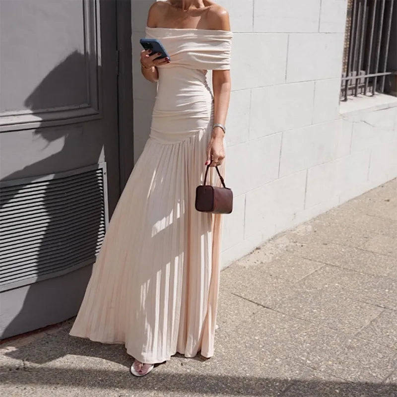 Sexy Elegant Women Slim Long Dresses Vintage Backless High Waist Pleated A Line Maxi Dress Summer Female Holiday Party Robe