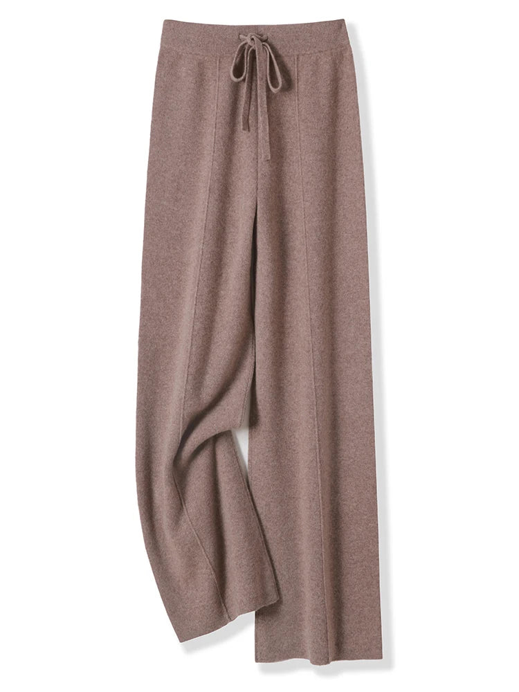 100% Merino Wool Pants Women Autumn Winter Casual Wide Leg Trousers Middle Seam Style Knitted Cashmere Soft Lace-up Trendy Pants