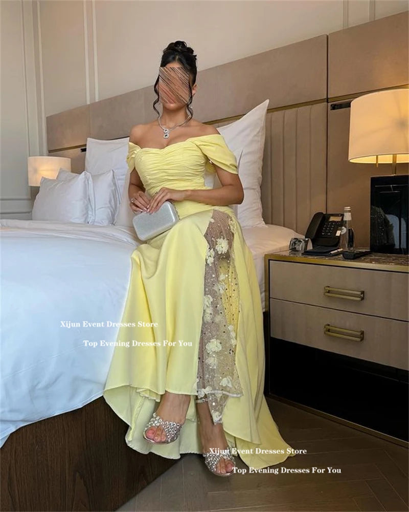Xijun Yellow Luxury Mermaid Evening Dresses Saudi Arabric Flowers Beading Prom Dress  Off The Shoulder Long Prom Gown Customized