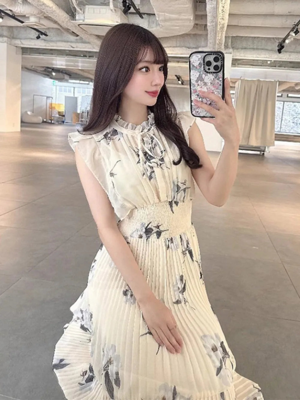 Kuzuwata Cute Stand Collar High Waist Print Mujer Flying Sleeve Lace Up Pleated Ruched Dress Japan Slim Waist Elegant Femme Robe