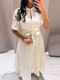 Embroidery Hollow Out Belt Long Dresses Women Vintage Lapel Half Sleeve Single Breasted Slim Dress Elegant Office Lady Partywear