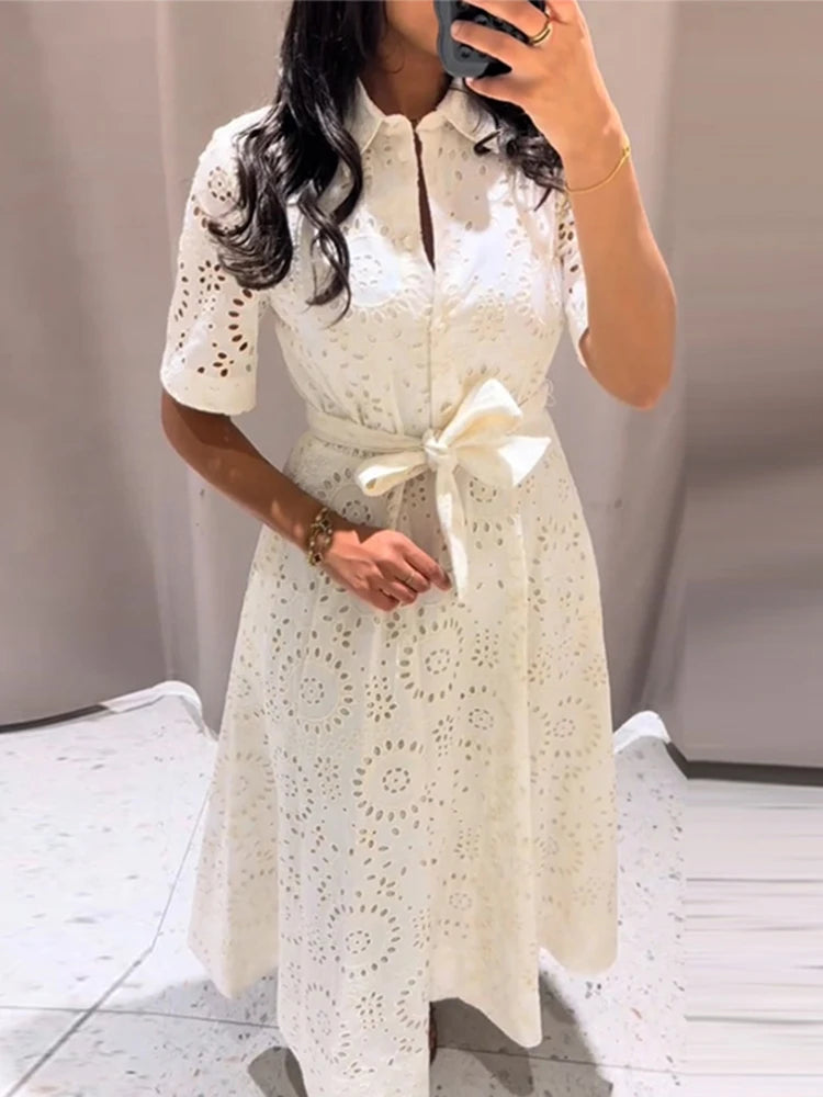 Embroidery Hollow Out Belt Long Dresses Women Vintage Lapel Half Sleeve Single Breasted Slim Dress Elegant Office Lady Partywear