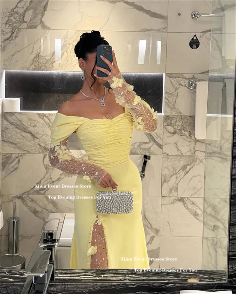 Xijun Yellow Luxury Mermaid Evening Dresses Saudi Arabric Flowers Beading Prom Dress  Off The Shoulder Long Prom Gown Customized